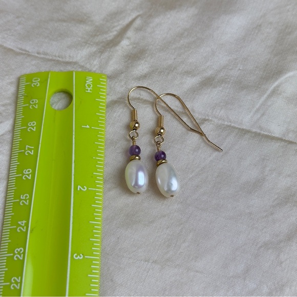 Pearl Amethyst Pierced Dangle Earrings Gold Filled Hooks - Picture 2 of 4